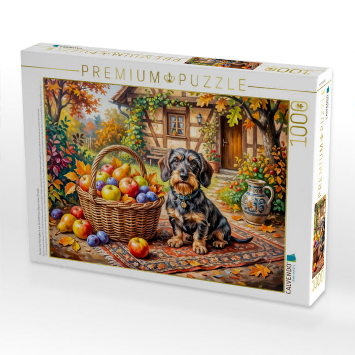 Dackel mit Früchtekorb vor herbstlichem Bauernhaus Puzzle - CALVENDO Foto-Puzzle'