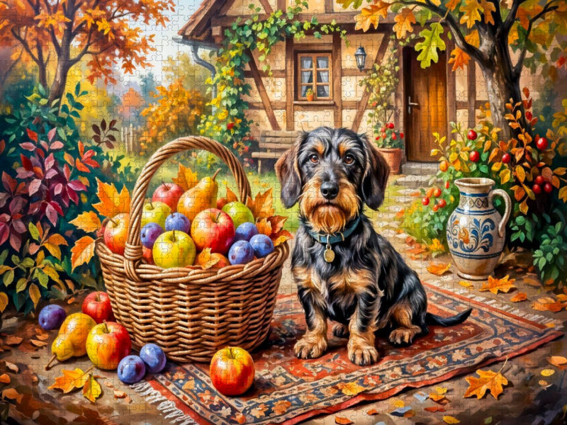Dackel mit Früchtekorb vor herbstlichem Bauernhaus Puzzle - CALVENDO Foto-Puzzle'