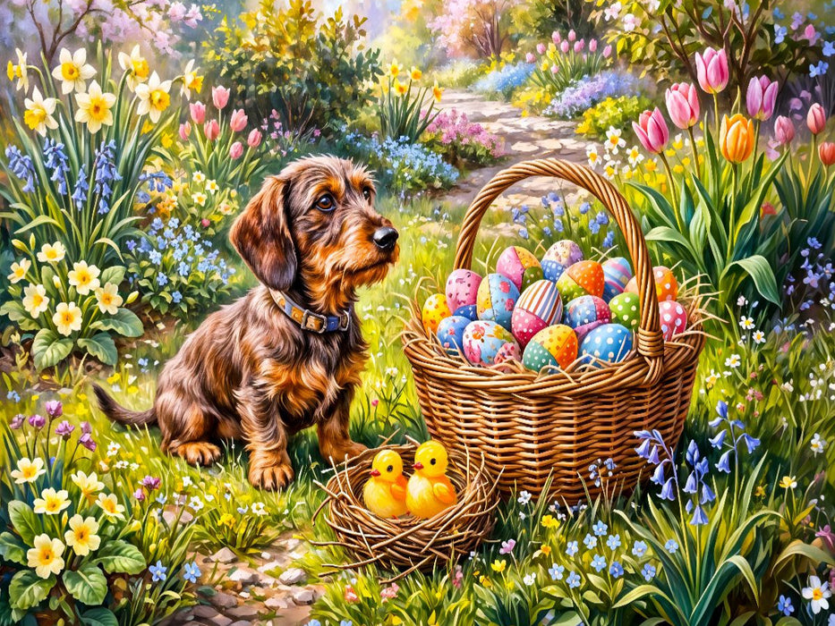 Dackel am Osterkörbchen Frühlingszauber im Cottagegarten - CALVENDO Foto-Puzzle'
