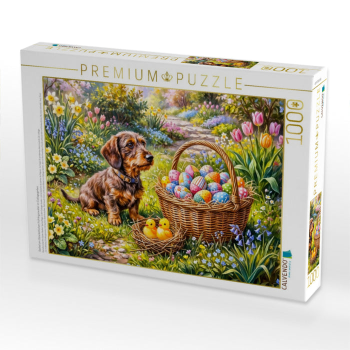 Dackel am Osterkörbchen Frühlingszauber im Cottagegarten - CALVENDO Foto-Puzzle'