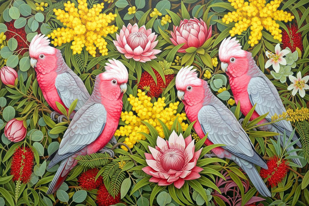Premium Textil-Leinwand Rosa Kakadu zwischen Blüten ihrer Heimat