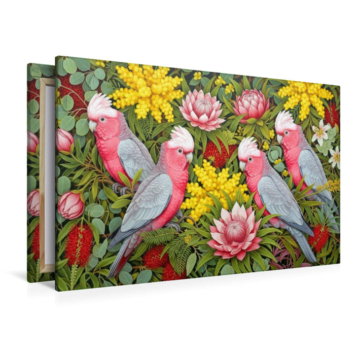 Premium Textil-Leinwand Rosa Kakadu zwischen Blüten ihrer Heimat