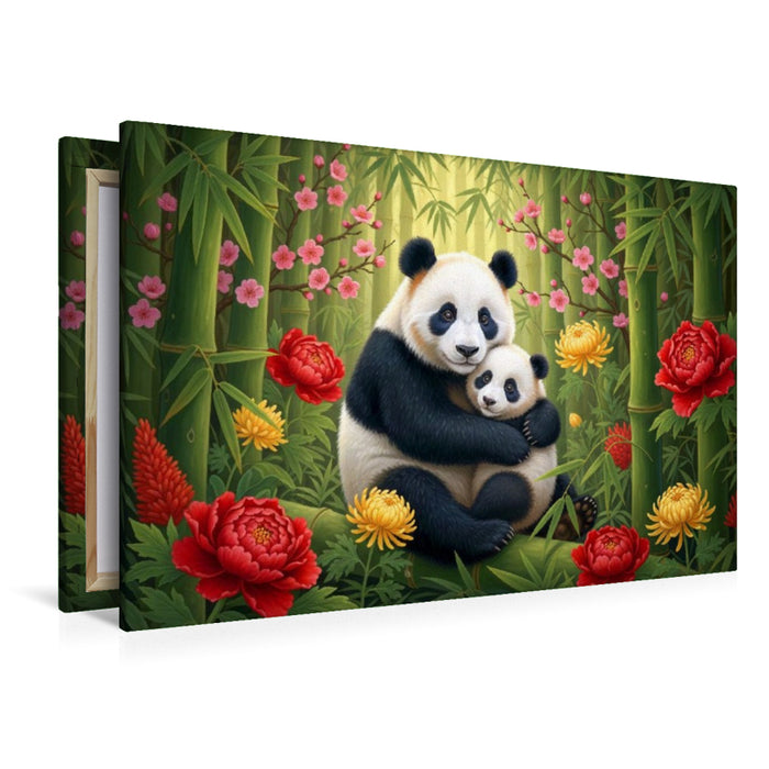Premium Textil-Leinwand Großer Panda - Mutter und Jungtier zwischen Blüten ihrer Heimat