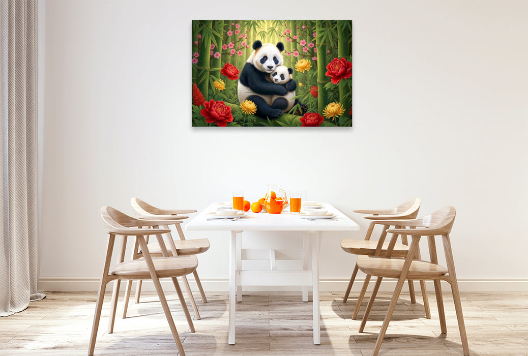Premium Textil-Leinwand Großer Panda - Mutter und Jungtier zwischen Blüten ihrer Heimat