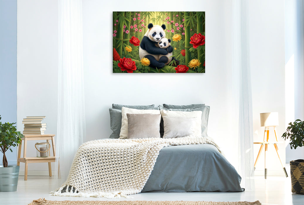 Premium Textil-Leinwand Großer Panda - Mutter und Jungtier zwischen Blüten ihrer Heimat