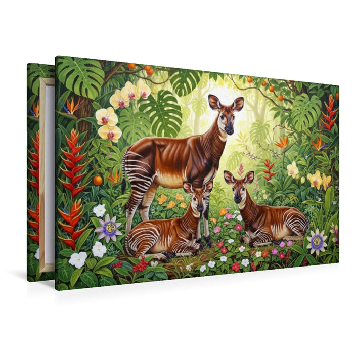 Premium Textil-Leinwand Okapis zwischen leuchtenden Blüten ihrer Heimat