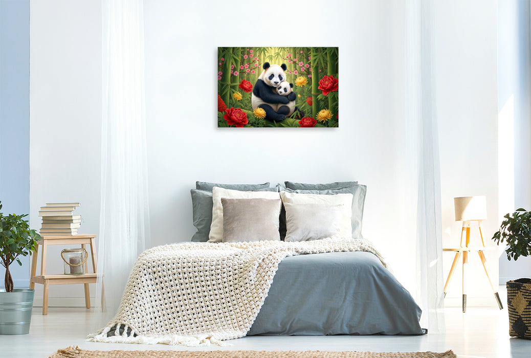 Premium Textil-Leinwand Großer Panda - Mutter und Jungtier zwischen Blüten ihrer Heimat