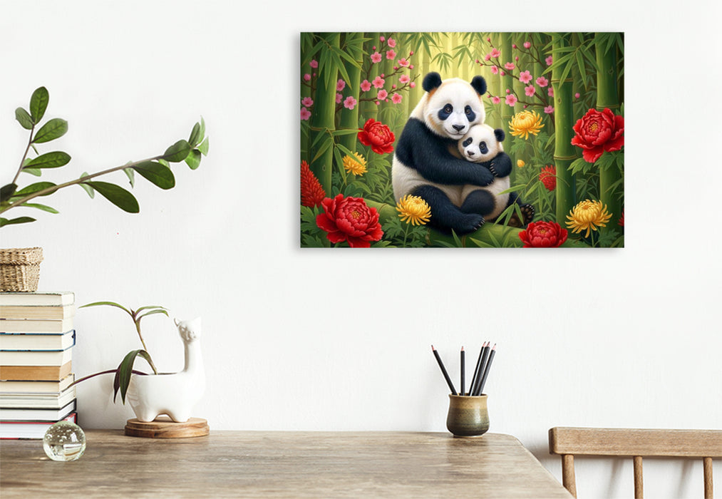 Premium Textil-Leinwand Großer Panda - Mutter und Jungtier zwischen Blüten ihrer Heimat