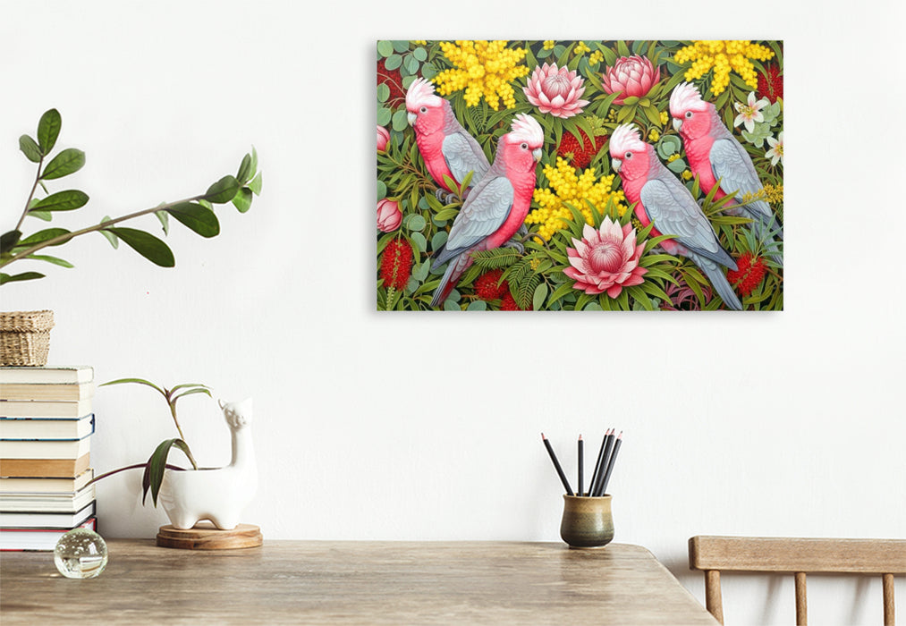 Premium Textil-Leinwand Rosa Kakadu zwischen Blüten ihrer Heimat