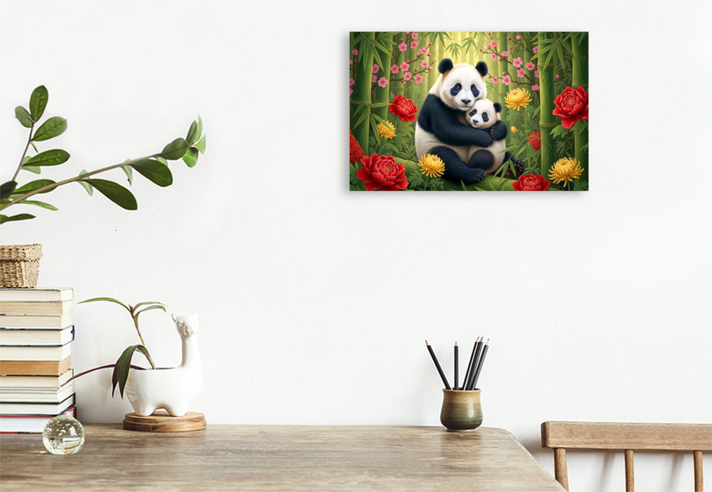 Premium Textil-Leinwand Großer Panda - Mutter und Jungtier zwischen Blüten ihrer Heimat