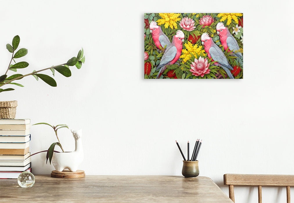 Premium Textil-Leinwand Rosa Kakadu zwischen Blüten ihrer Heimat