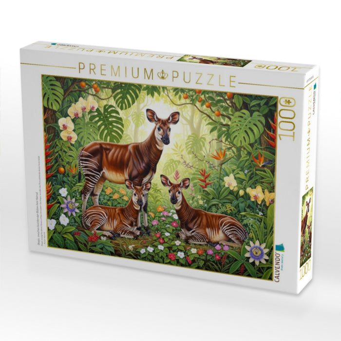 Okapis zwischen leuchtenden Blüten ihrer Heimat - CALVENDO Foto-Puzzle'