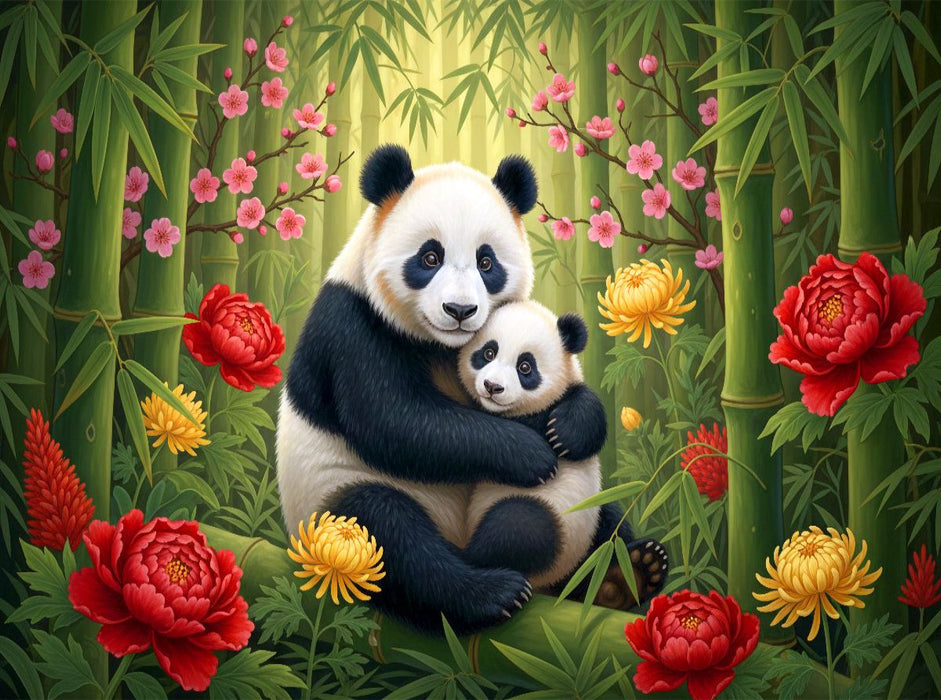 Großer Panda - Mutter und Jungtier zwischen Blüten ihrer Heimat - CALVENDO Foto-Puzzle'