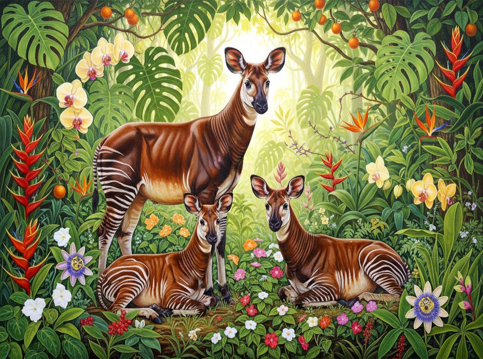 Okapis zwischen leuchtenden Blüten ihrer Heimat - CALVENDO Foto-Puzzle'