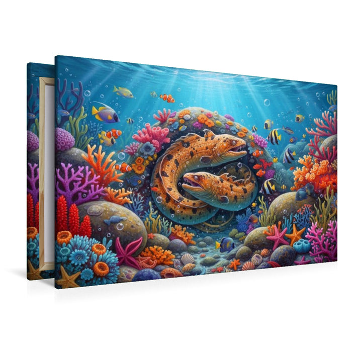Premium Textil-Leinwand Muränen zwischen Korallenfischen und bunten Korallen