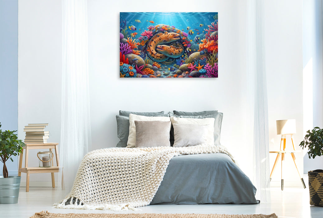 Premium Textil-Leinwand Muränen zwischen Korallenfischen und bunten Korallen