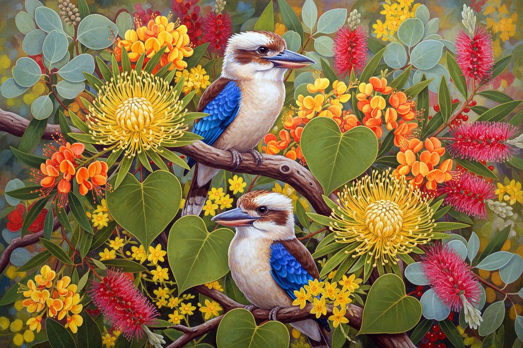 Premium Textil-Leinwand Kookaburra zwischen Blüten ihrer Heimat