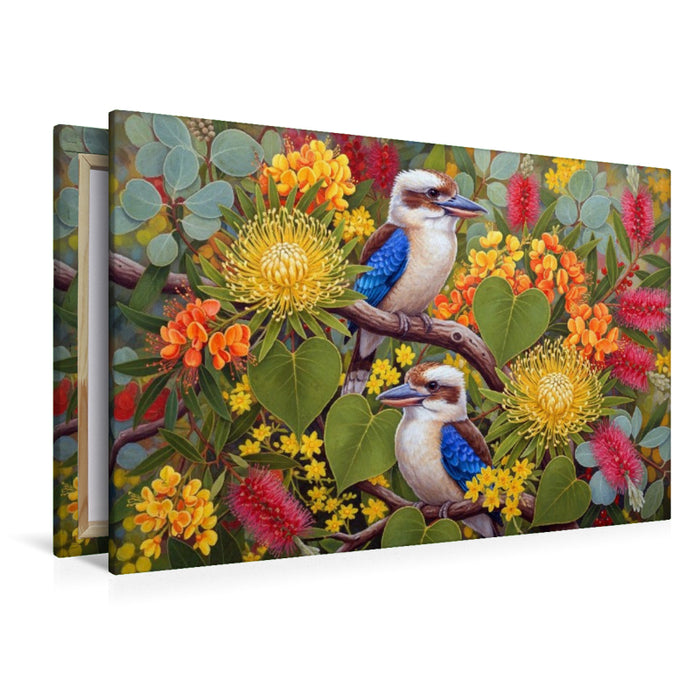 Premium Textil-Leinwand Kookaburra zwischen Blüten ihrer Heimat