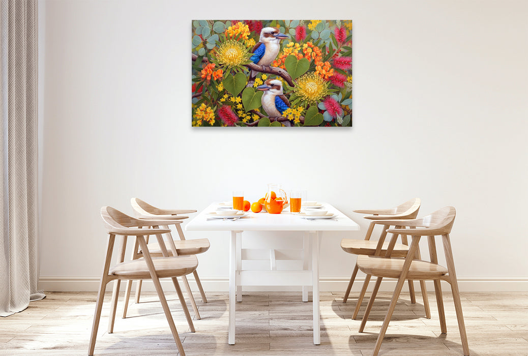 Premium Textil-Leinwand Kookaburra zwischen Blüten ihrer Heimat