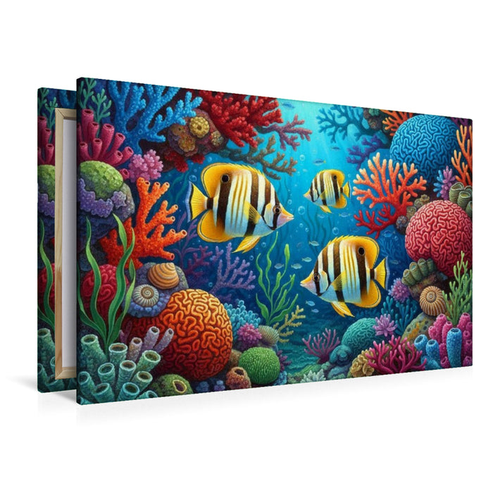 Premium Textil-Leinwand Korallenfische zwischen bunten Korallen