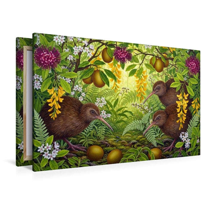 Premium Textil-Leinwand Kiwi und Kiwis - inmitten australischer Blüten