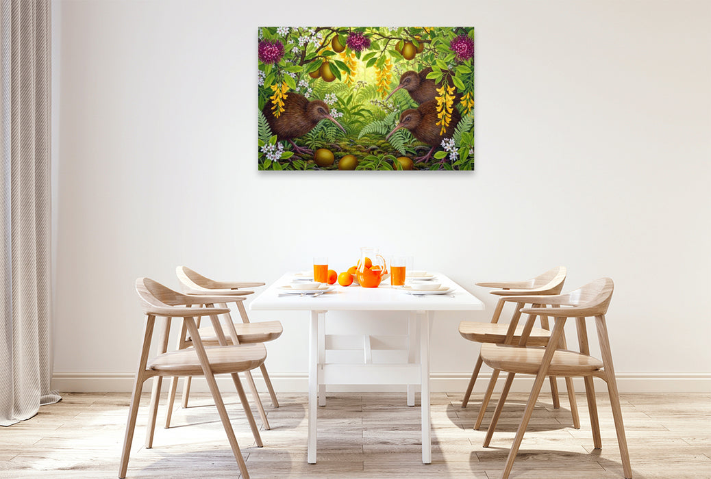 Premium Textil-Leinwand Kiwi und Kiwis - inmitten australischer Blüten