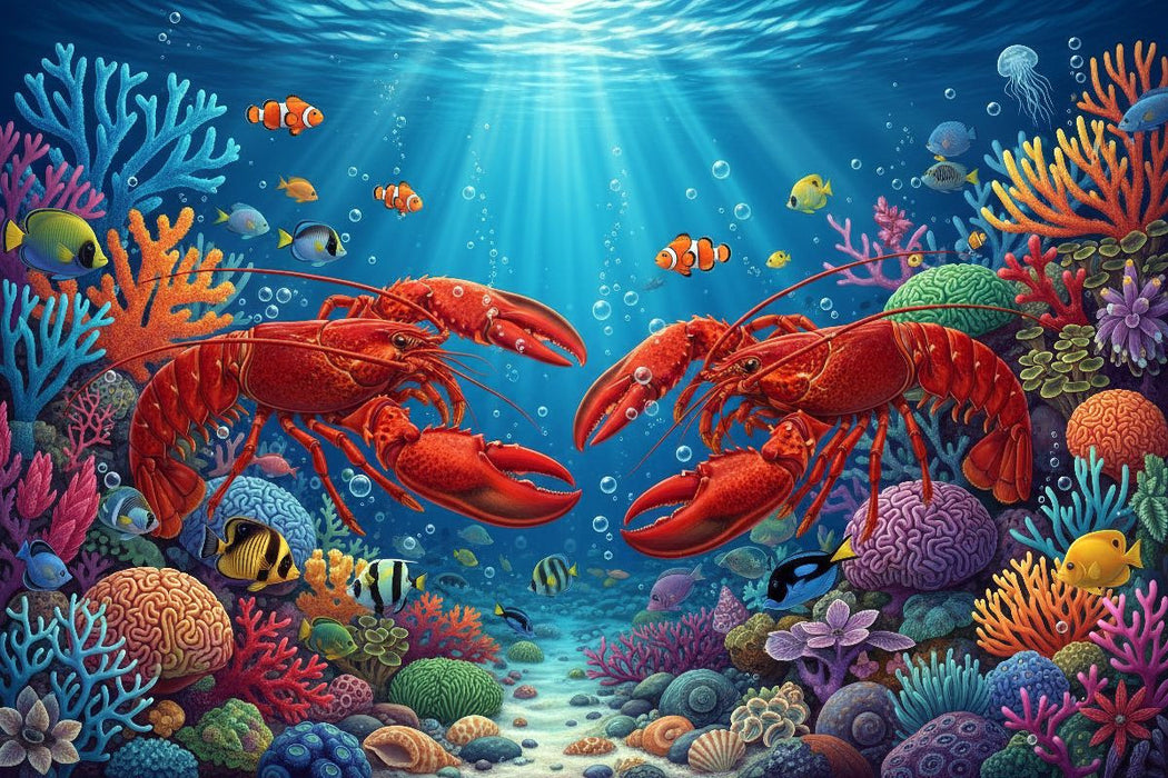 Premium Textil-Leinwand Zwei Hummer zwischen bunten Korallen im Meer