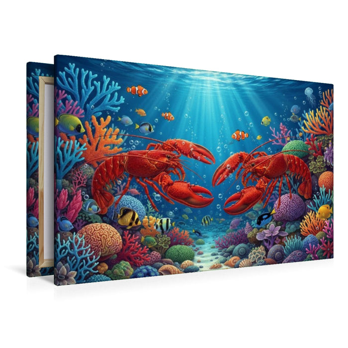 Premium Textil-Leinwand Zwei Hummer zwischen bunten Korallen im Meer