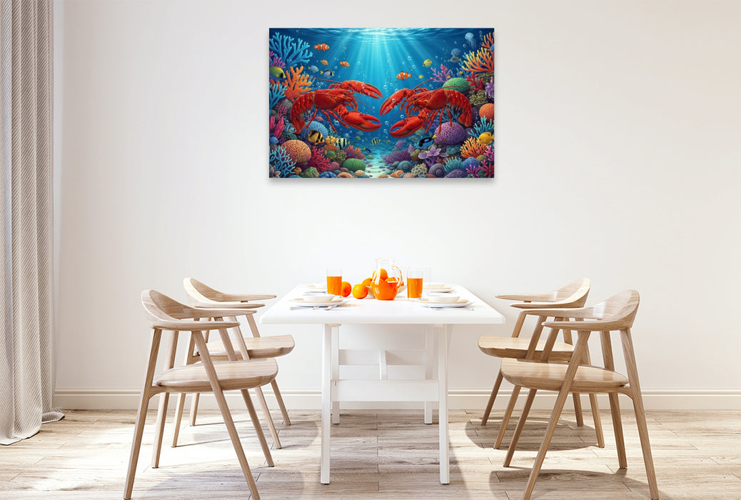 Premium Textil-Leinwand Zwei Hummer zwischen bunten Korallen im Meer