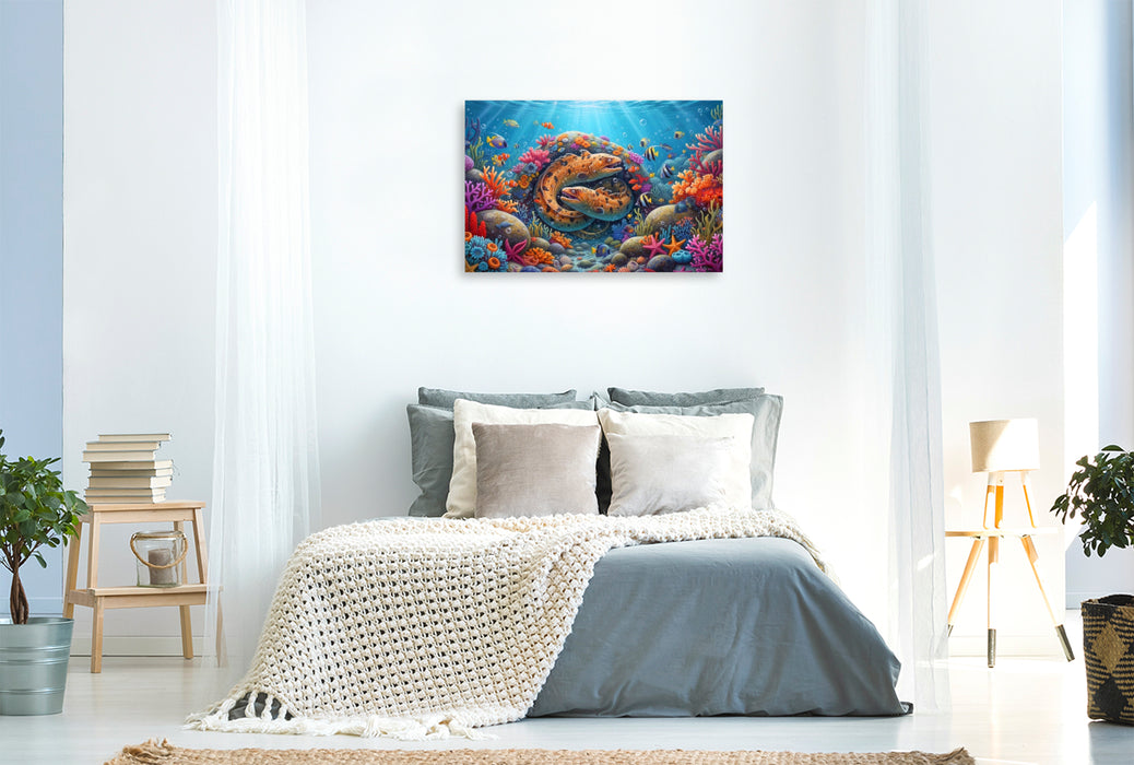 Premium Textil-Leinwand Muränen zwischen Korallenfischen und bunten Korallen