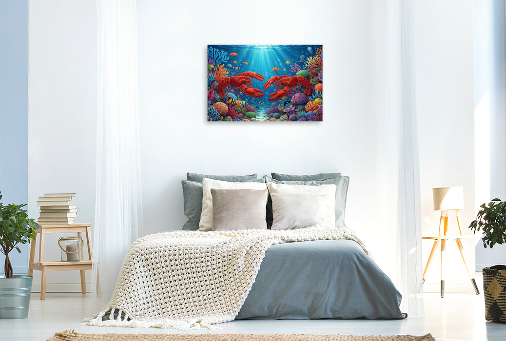 Premium Textil-Leinwand Zwei Hummer zwischen bunten Korallen im Meer