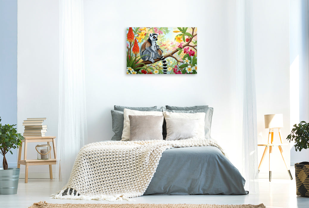 Premium Textil-Leinwand Katta Mutter und Jungtier zwischen Pflanzen ihrer Heimat