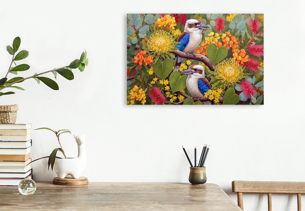 Premium Textil-Leinwand Kookaburra zwischen Blüten ihrer Heimat