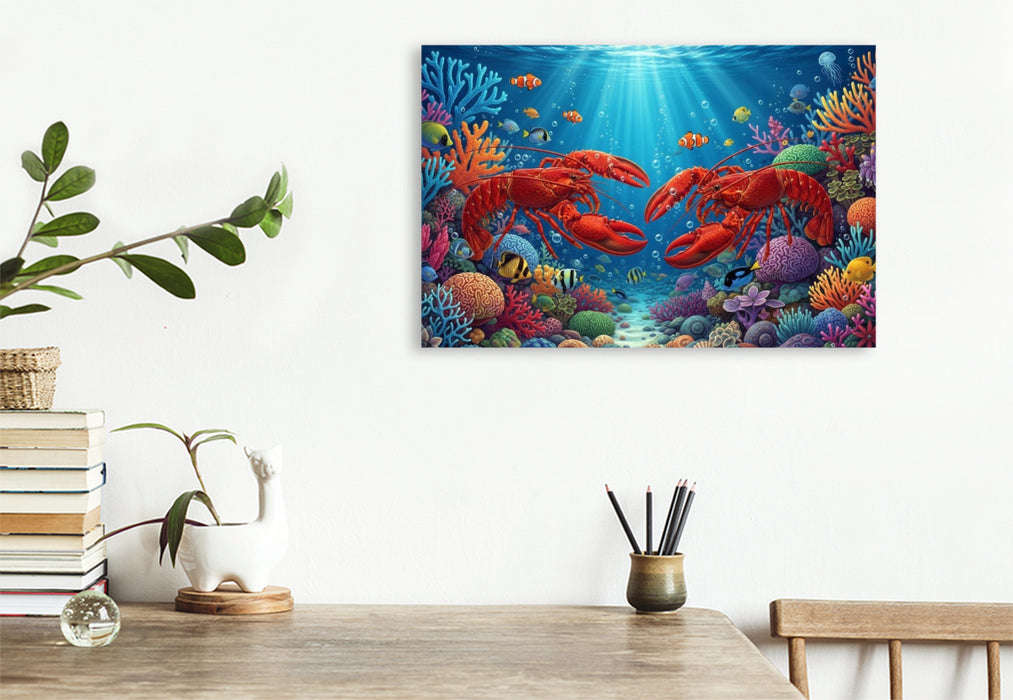 Premium Textil-Leinwand Zwei Hummer zwischen bunten Korallen im Meer