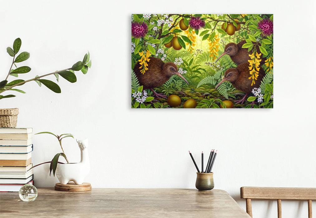 Premium Textil-Leinwand Kiwi und Kiwis - inmitten australischer Blüten