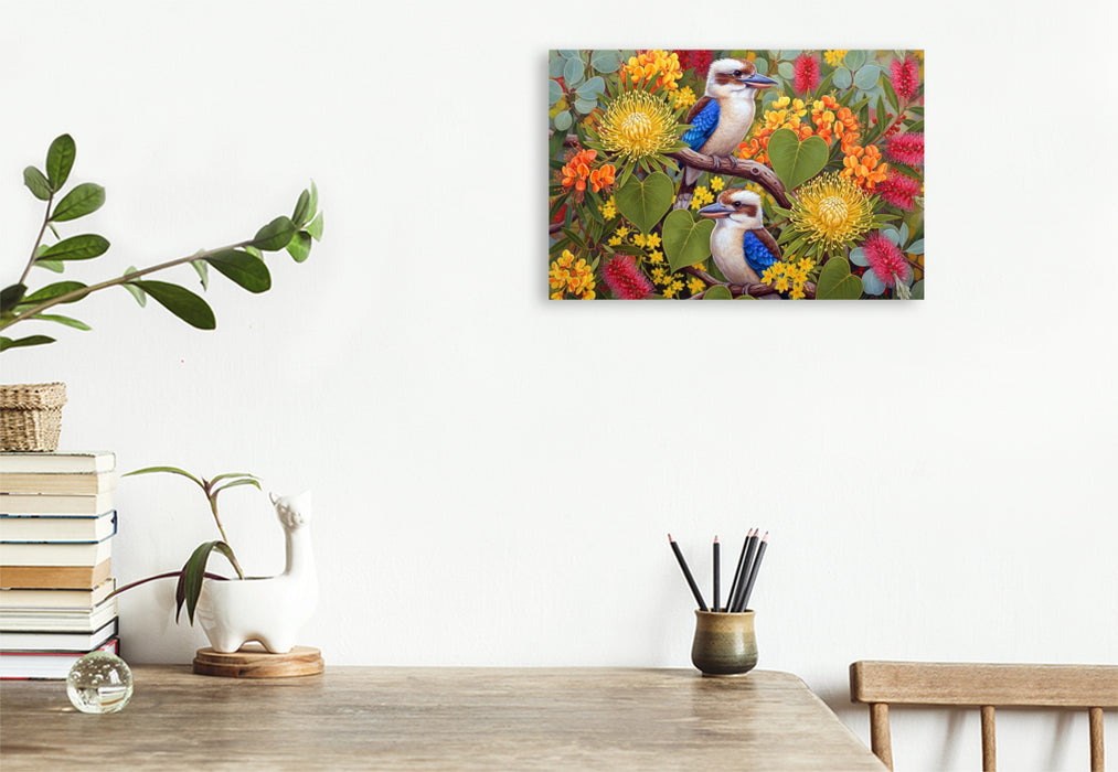 Premium Textil-Leinwand Kookaburra zwischen Blüten ihrer Heimat