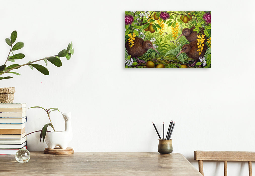 Premium Textil-Leinwand Kiwi und Kiwis - inmitten australischer Blüten
