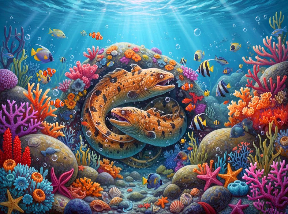 Muränen zwischen Korallenfischen und bunten Korallen - CALVENDO Foto-Puzzle'