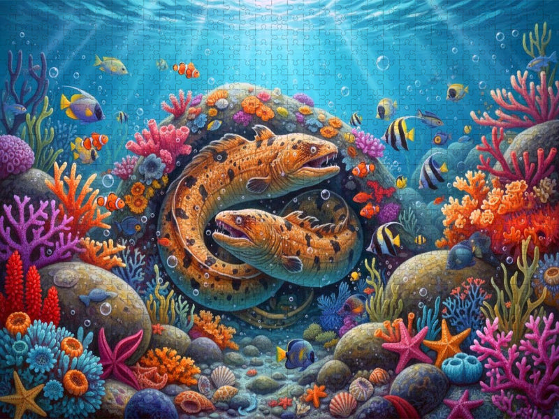 Muränen zwischen Korallenfischen und bunten Korallen - CALVENDO Foto-Puzzle'
