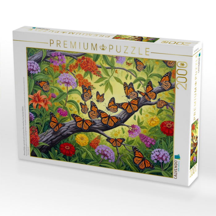 Monarchfalter sammeln sich auf einem Ast zwischen leuchtenden Blüten - CALVENDO Foto-Puzzle'