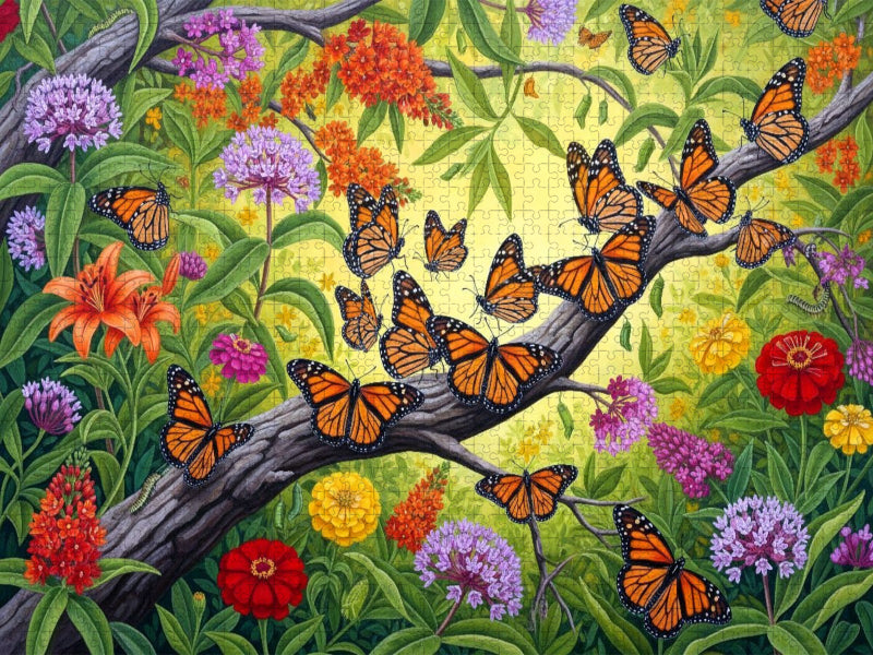 Monarchfalter sammeln sich auf einem Ast zwischen leuchtenden Blüten - CALVENDO Foto-Puzzle'
