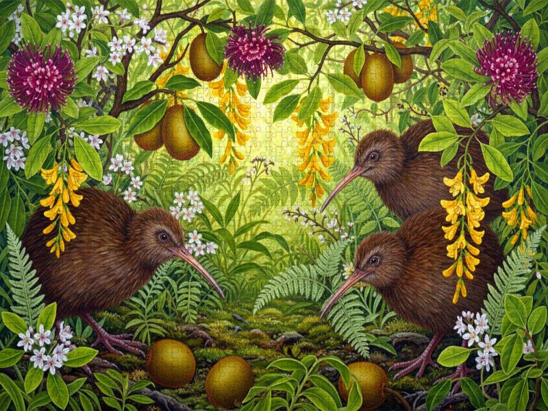 Kiwi und Kiwis - inmitten australischer Blüten - CALVENDO Foto-Puzzle'