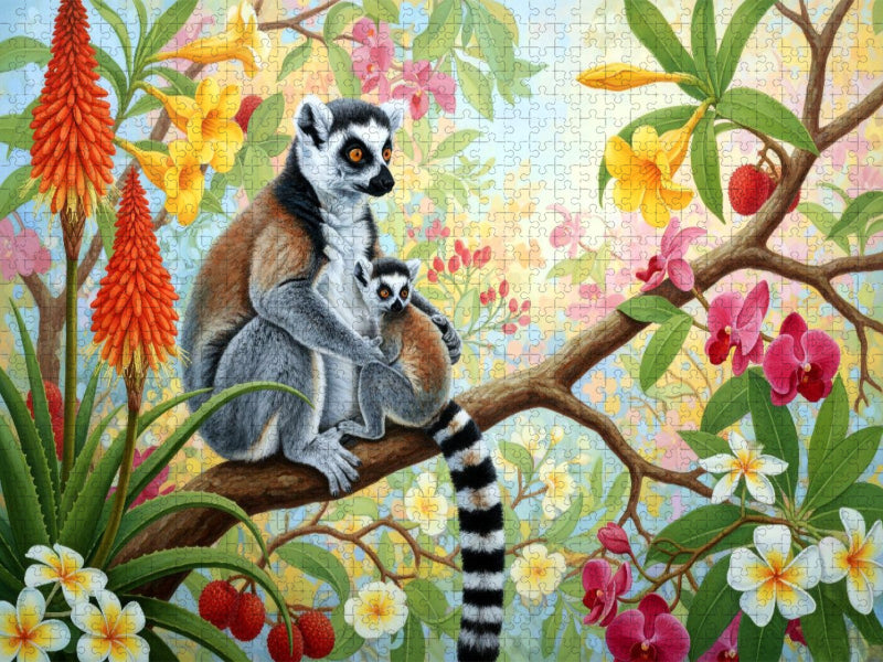 Katta Mutter und Jungtier zwischen Pflanzen ihrer Heimat - CALVENDO Foto-Puzzle'