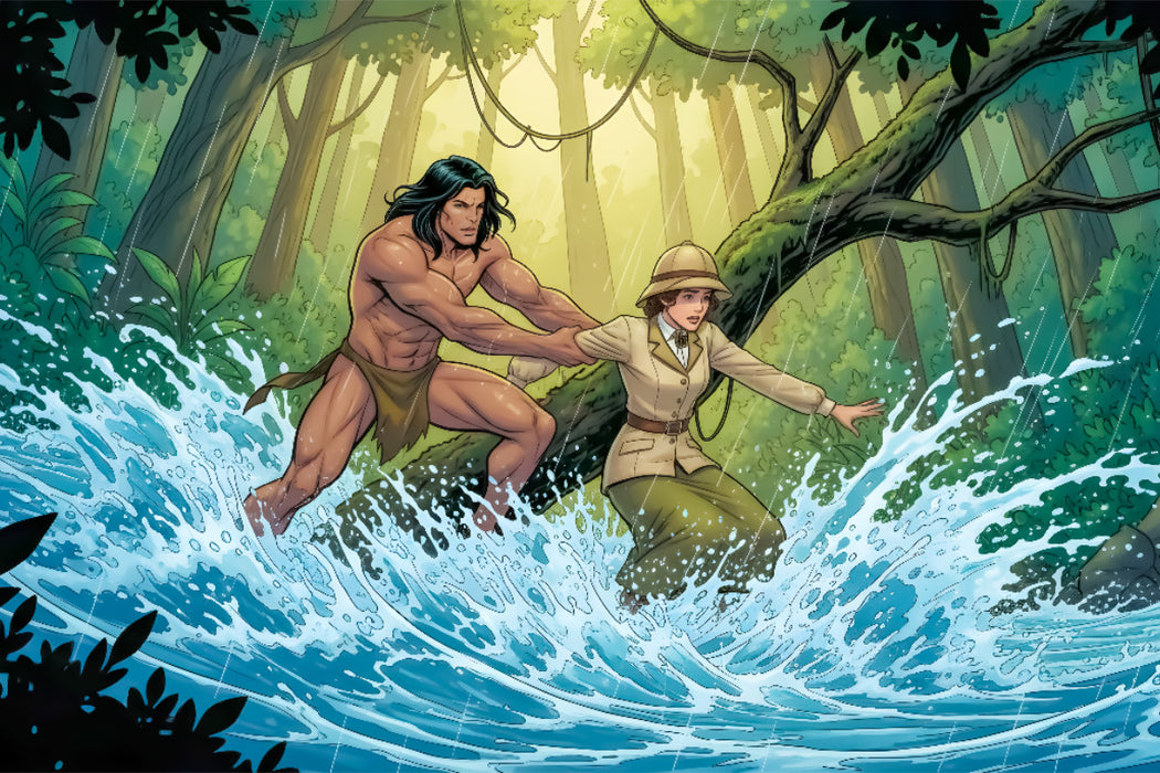 Premium Textil-Leinwand Tarzan beschützt Jane vor Stromschnellen