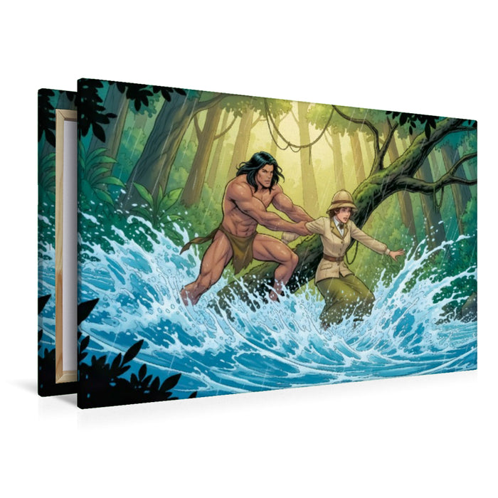 Premium Textil-Leinwand Tarzan beschützt Jane vor Stromschnellen
