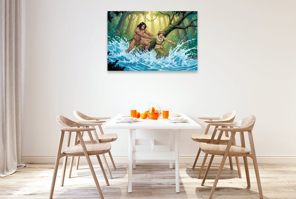 Premium Textil-Leinwand Tarzan beschützt Jane vor Stromschnellen