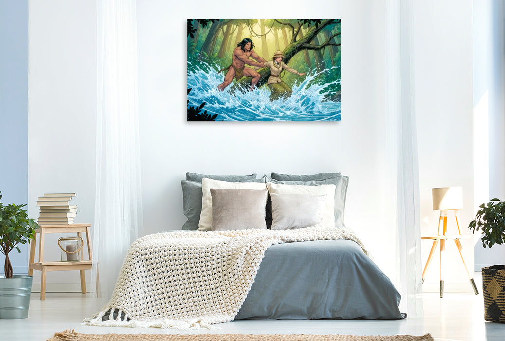 Premium Textil-Leinwand Tarzan beschützt Jane vor Stromschnellen
