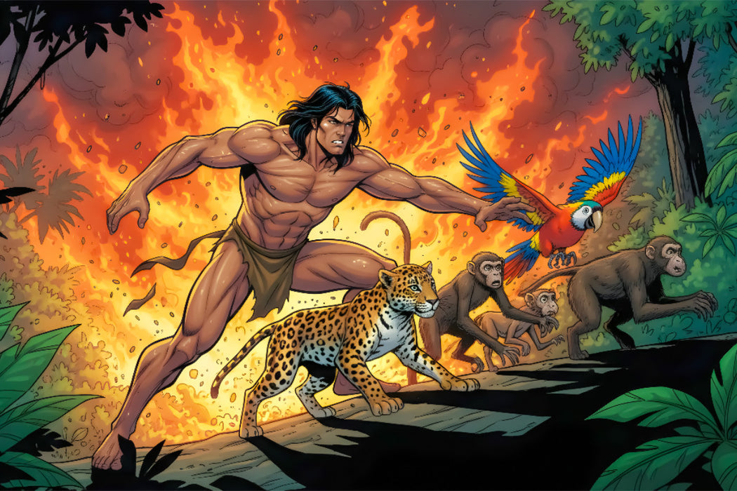 Premium Textil-Leinwand Tarzan rettet Tiere vor Feuerflammen