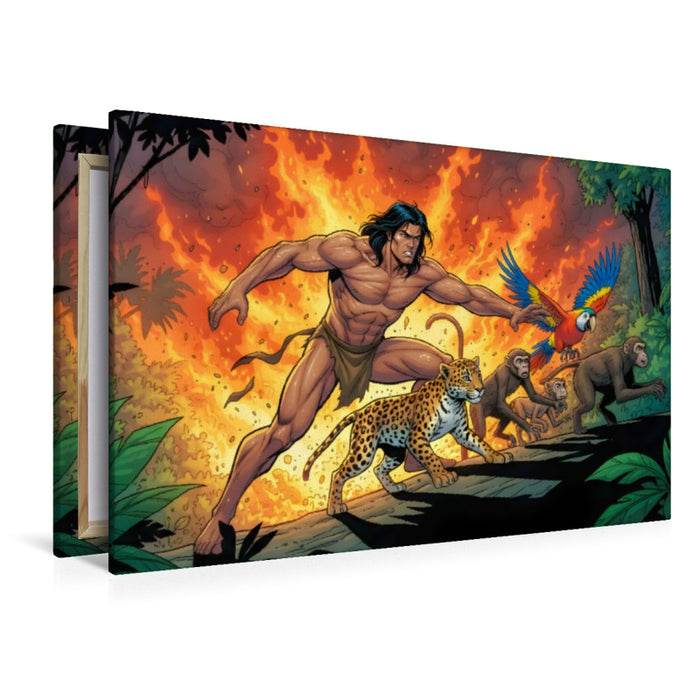 Premium Textil-Leinwand Tarzan rettet Tiere vor Feuerflammen