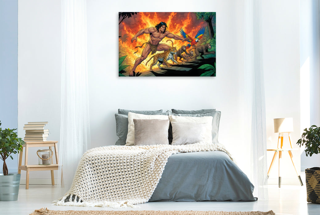 Premium Textil-Leinwand Tarzan rettet Tiere vor Feuerflammen